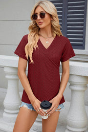 Solid color V-neck cross loose short sleeved T-shirt top for women - OFEBHS.PT