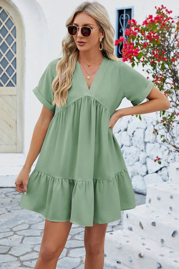 Spring and summer new solid color V-neck loose pleated dress for women - OFEBHS.PT