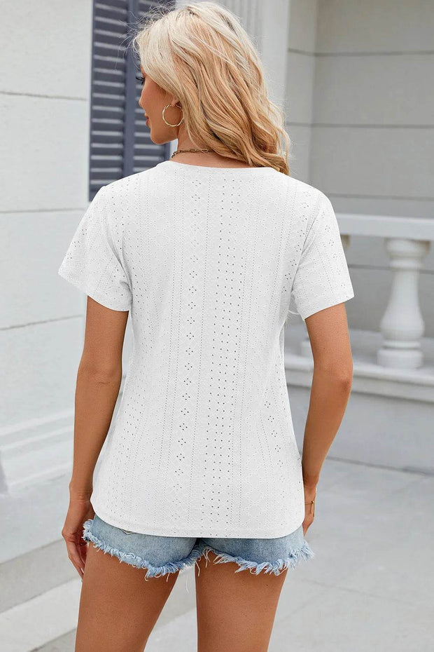 Solid color V-neck cross loose short sleeved T-shirt top for women - OFEBHS.PT