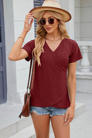 Solid color V-neck cross loose short sleeved T-shirt top for women - OFEBHS.PT
