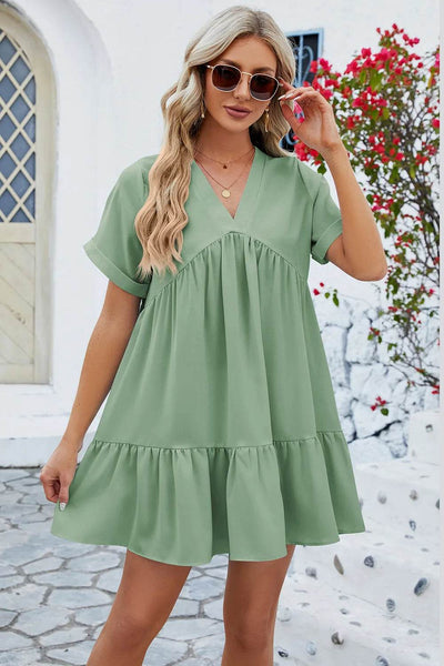 Spring and summer new solid color V-neck loose pleated dress for women - OFEBHS.PT