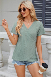 Solid color V-neck cross loose short sleeved T-shirt top for women - OFEBHS.PT