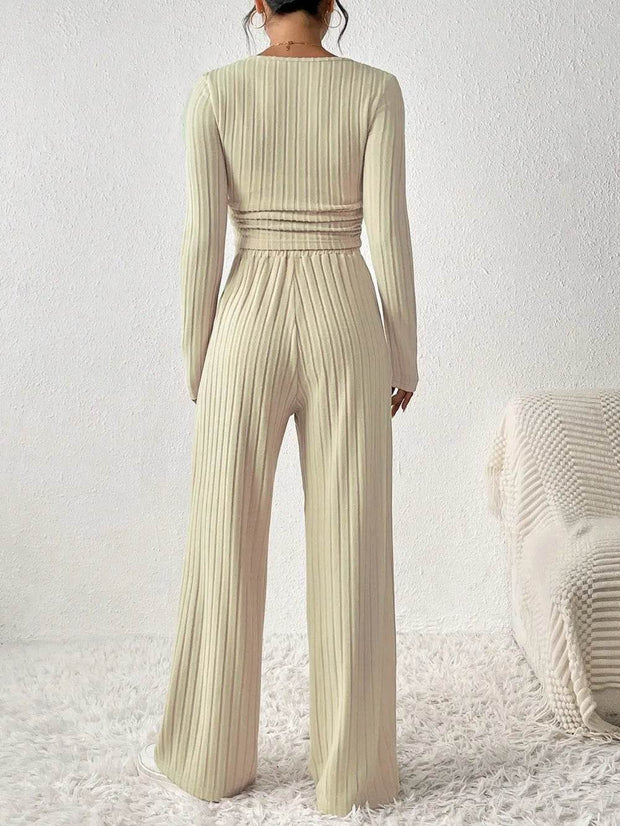 Scoop Neck Long Sleeve Top and Pants Set - OFEBHS.PT