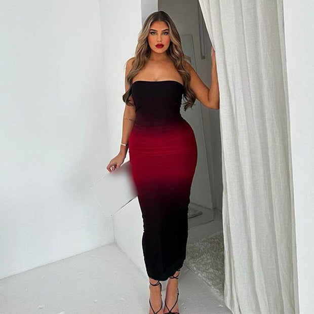 Off-shoulder Color Matching Skinny Sheath Tube Top Dress - OFEBHS.PT