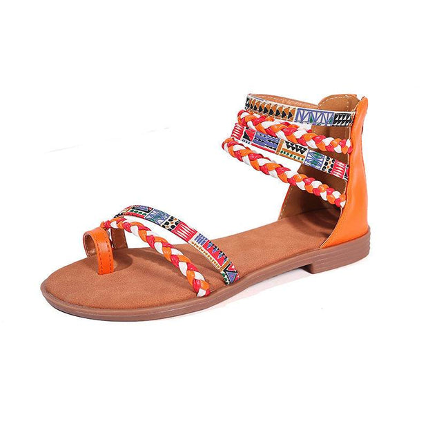 Ethnic Style Flat Sandals Summer Clip Toe Colorful Weave-straped Shoes With Back Zipper Women's Bohemian Beach Shoes - OFEBHS.PT