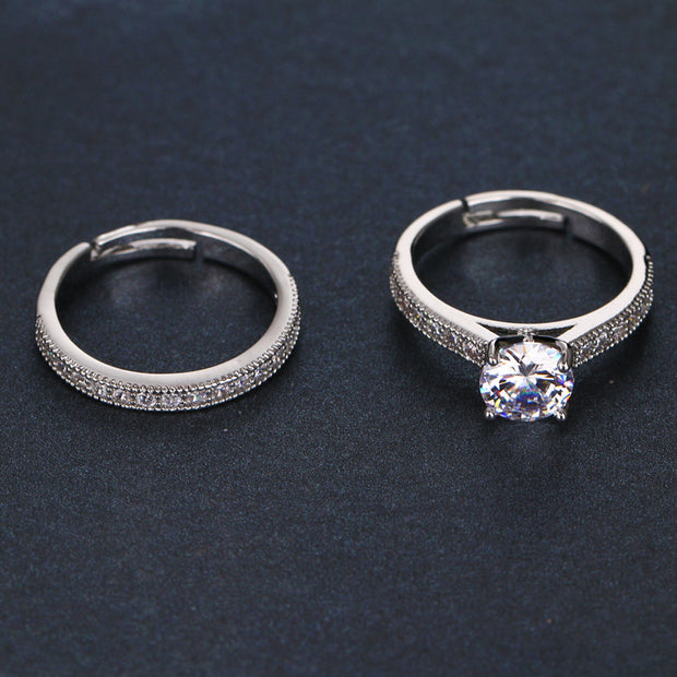 Adjustable Combination Zircon Set Ring Silver Plated Couple Jewelry