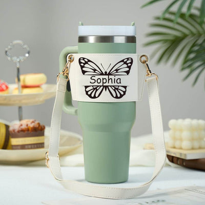 Personalized Butterfly Water Bottle Carrier Bag for 40oz Stanley Tumbler with Adjustable Strap Gift for Women - OFEBHS.PT