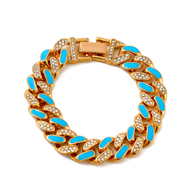 Two-tone Oil Drop Rhinestones Cuban Bracelet Street
