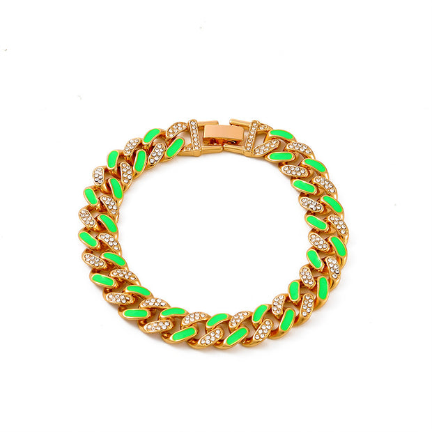 Two-tone Oil Drop Rhinestones Cuban Bracelet Street