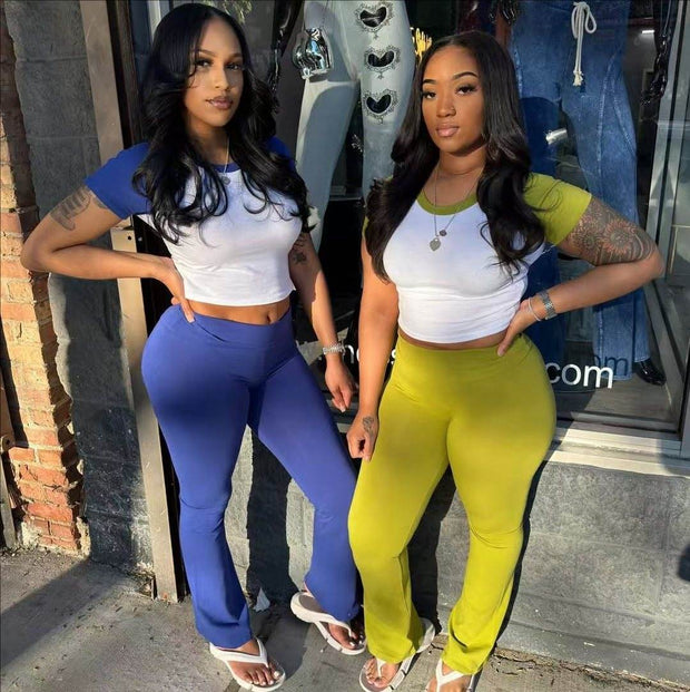 Women's Contrast Color Short-sleeved Trousers Casual Two-piece Suit - OFEBHS.PT