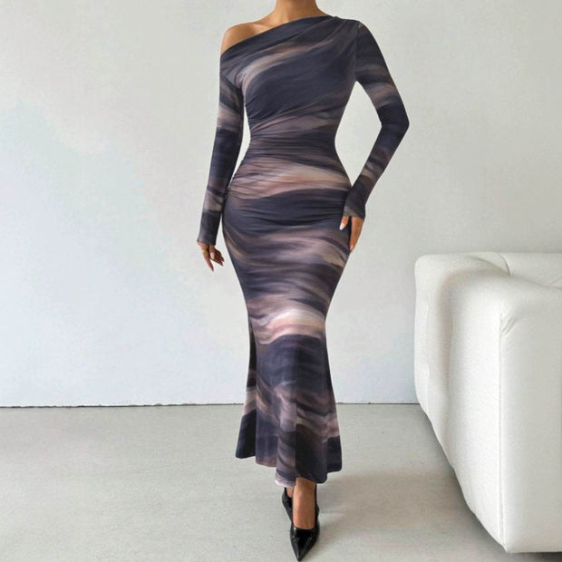 Tie-dyed Crossbody Shoulder Asymmetric Fold Dress - OFEBHS.PT