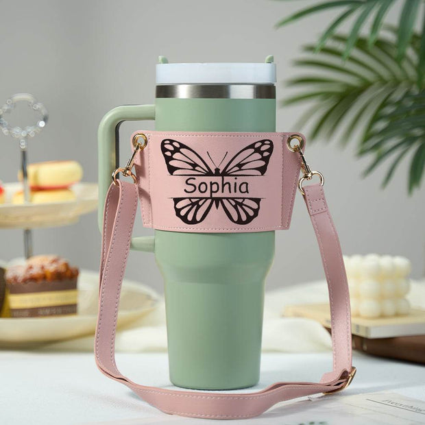 Personalized Butterfly Water Bottle Carrier Bag for 40oz Stanley Tumbler with Adjustable Strap Gift for Women - OFEBHS.PT