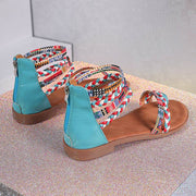 Ethnic Style Flat Sandals Summer Clip Toe Colorful Weave-straped Shoes With Back Zipper Women's Bohemian Beach Shoes - OFEBHS.PT