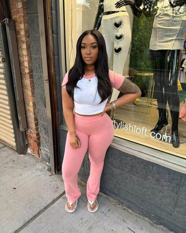 Women's Contrast Color Short-sleeved Trousers Casual Two-piece Suit - OFEBHS.PT