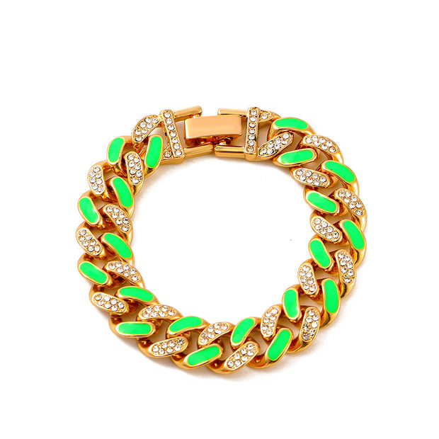 Two-tone Oil Drop Rhinestones Cuban Bracelet Street