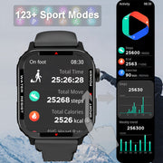 Bluetooth sports smartwatch displaying activity stats, steps, calories, and sport modes on a rugged interface.