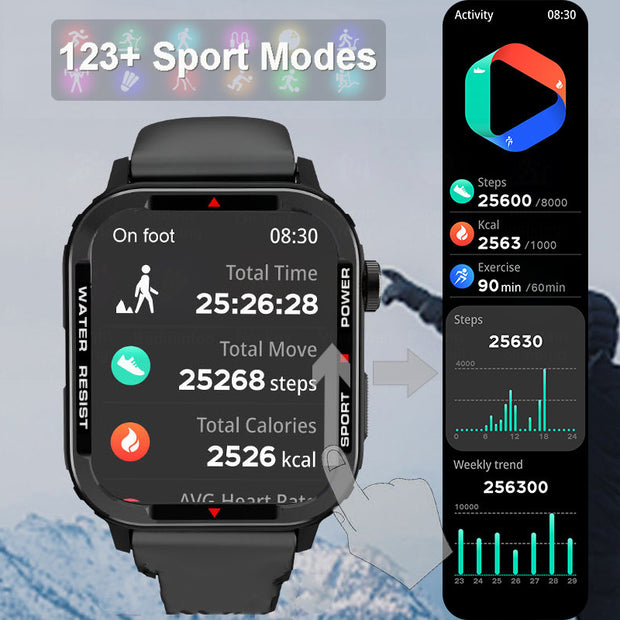Bluetooth sports smartwatch displaying activity stats, steps, calories, and sport modes on a rugged interface.