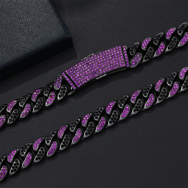 Hip Hop Men's Strip Full Diamond Line Exaggerated And Personalized Rap Cuban Link Chain Amethyst Necklace