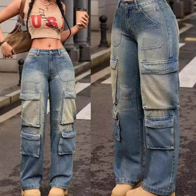 Retro Nostalgic Washed Multi-pocket Cargo Pants Straight Jeans - OFEBHS.PT