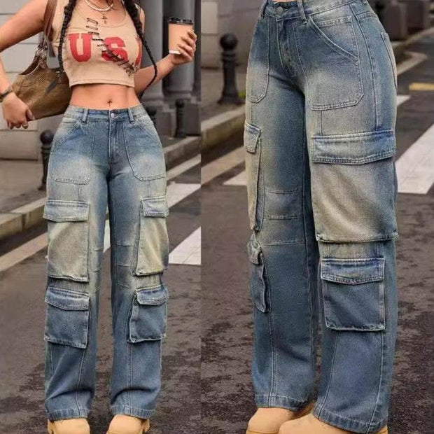 Retro Nostalgic Washed Multi-pocket Cargo Pants Straight Jeans - OFEBHS.PT