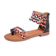 Ethnic Style Flat Sandals Summer Clip Toe Colorful Weave-straped Shoes With Back Zipper Women's Bohemian Beach Shoes - OFEBHS.PT