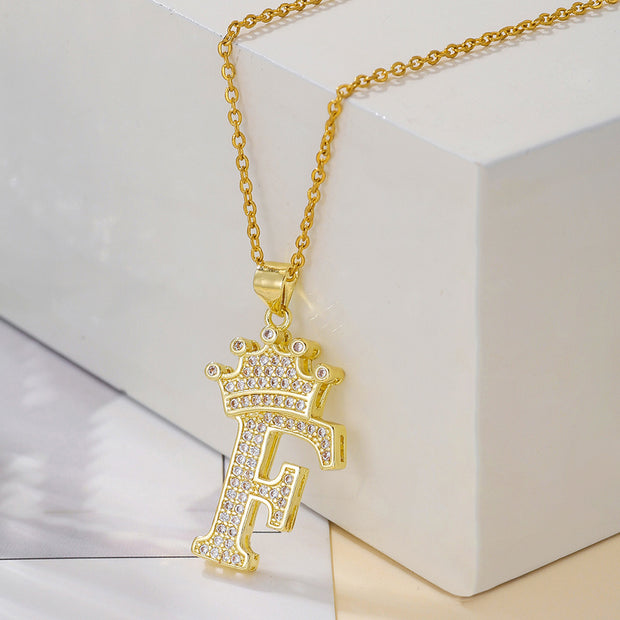 1PCS Fashionable Gold Diamond Crown Uppercase Letter Popular Pendant Necklace Suitable For Daily Use Festivals Parties Gifts Jewelry Set - OFEBHS.PT