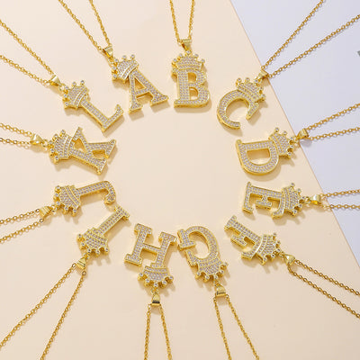 1PCS Fashionable Gold Diamond Crown Uppercase Letter Popular Pendant Necklace Suitable For Daily Use Festivals Parties Gifts Jewelry Set - OFEBHS.PT