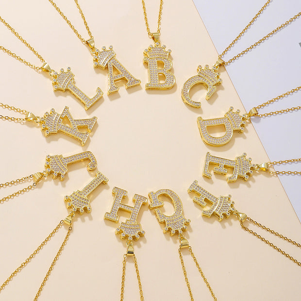1PCS Fashionable Gold Diamond Crown Uppercase Letter Popular Pendant Necklace Suitable For Daily Use Festivals Parties Gifts Jewelry Set - OFEBHS.PT