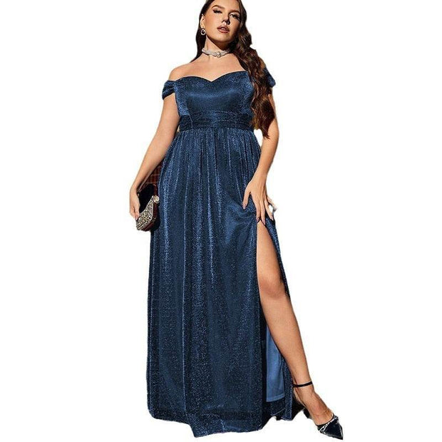 Off-shoulder New Plus Size Art Exam Host Dress Navy Blue - OFEBHS.PT