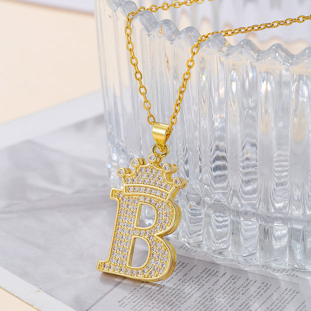 1PCS Fashionable Gold Diamond Crown Uppercase Letter Popular Pendant Necklace Suitable For Daily Use Festivals Parties Gifts Jewelry Set - OFEBHS.PT