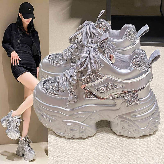 10cm Hidden Heel Platform Sequins Dad Shoes - OFEBHS.PT