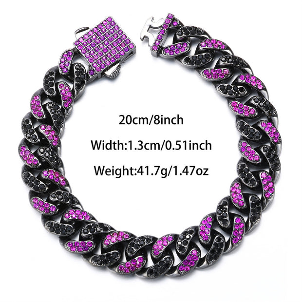 Hip Hop Men's Strip Full Diamond Line Exaggerated And Personalized Rap Cuban Link Chain Amethyst Necklace