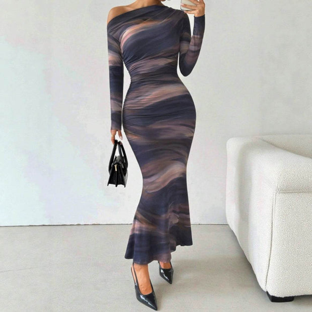 Tie-dyed Crossbody Shoulder Asymmetric Fold Dress - OFEBHS.PT