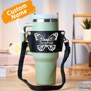 Personalized Butterfly Water Bottle Carrier Bag for 40oz Stanley Tumbler with Adjustable Strap Gift for Women - OFEBHS.PT