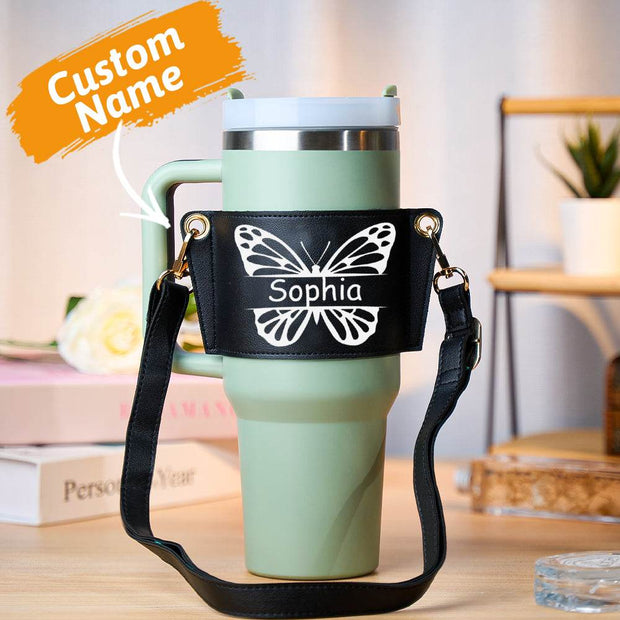 Personalized Butterfly Water Bottle Carrier Bag for 40oz Stanley Tumbler with Adjustable Strap Gift for Women - OFEBHS.PT